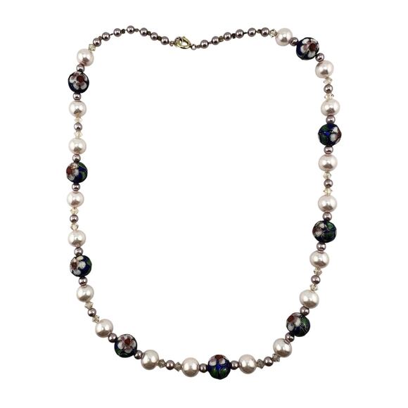Vintage Style Cloisonné Blue Enamel Cherry Blossom Faux Pink Pearls 18” Necklace - Picture 4 of 5